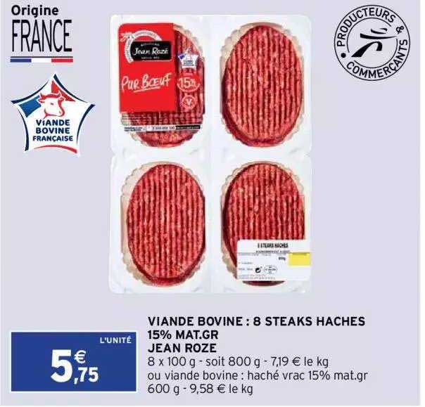viande bovine : 8 steaks hachés 15% mat.gr. jean rozé