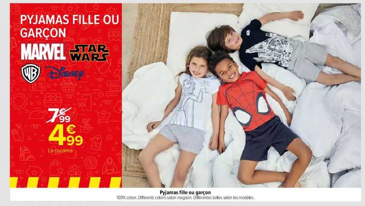 pyjamas fille ou garçon marvel, star wars, wb, disney