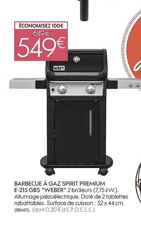 barbecue à gaz spirit premium e-215 gbs "weber" 2 brûleurs