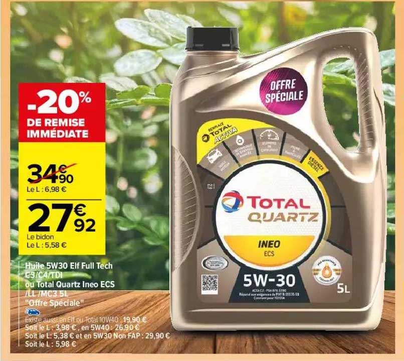 huile 5w30 elf full tech c3-c4-tdi ou total quartz ineo ecs