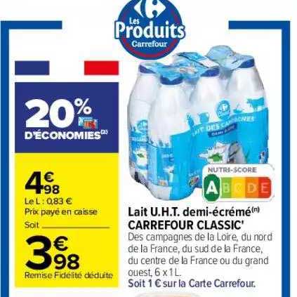 lait u.h.t. demi-écrémé carrefour classic'