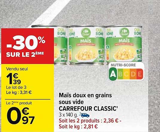 maïs doux en grains sous vide carrefour classic'