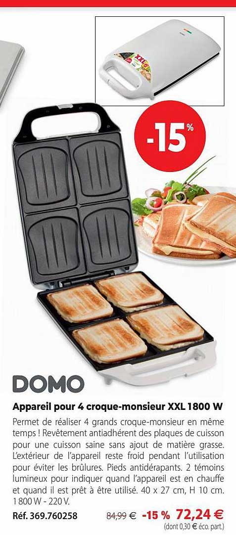 appareil pour 4 croque-monsieur xxl 1800w domo