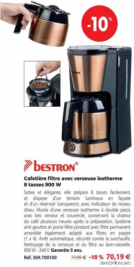 cafetière filtre avec verseuse isotherme 8 tasses 900w bestron