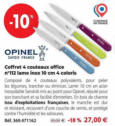 coffret 4 couteaux office n°112 lame inox 10 cm 4 coloris opinel