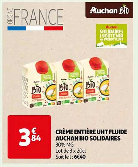 Crème Entière Uht Fluide Auchan Bio Solidaires