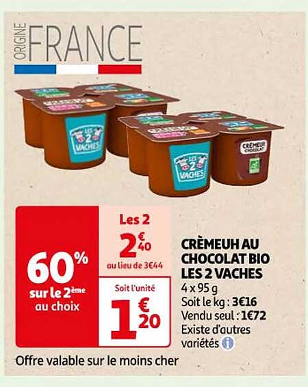 Crémeux Au Chocolat Bio Les 2 Vaches