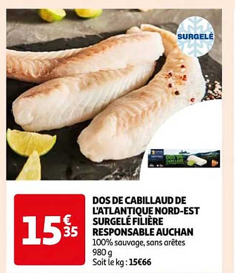 dos de cabillaud de l'atlantique nord-est surgelé filière responsable auchan