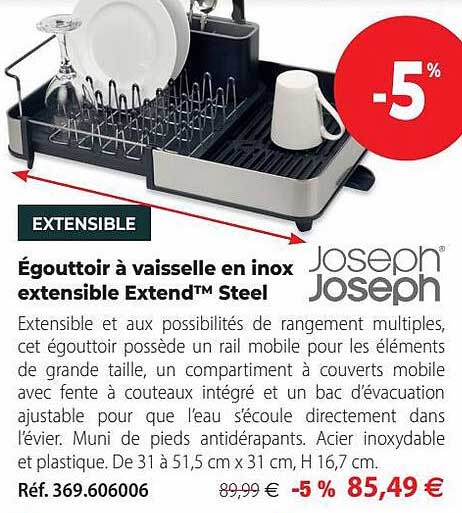 égouttoir à vaisselle en inox extensible extend steel joseph joseph