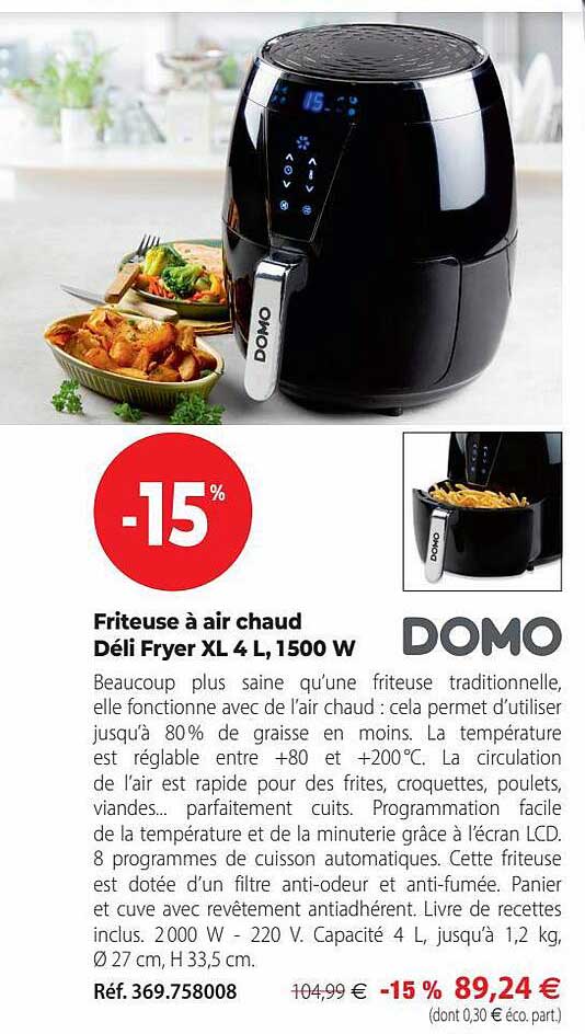 friteuse à air chaud déli fryer xl 4l, 1500w domo
