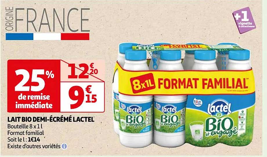 lait bio demi-écrémé lactel