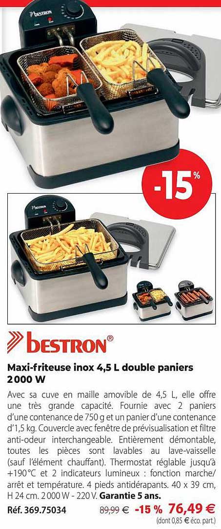 maxi-friteuse inox 4,5l double paniers 2000w bestron