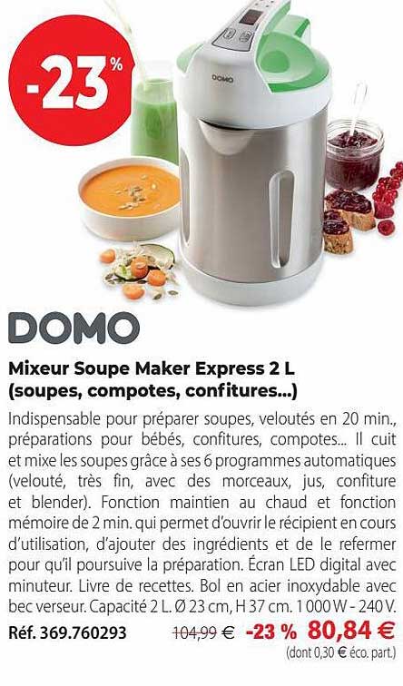 mixeur soupe maker express 2l (soupes, compotes, confitures...) domo