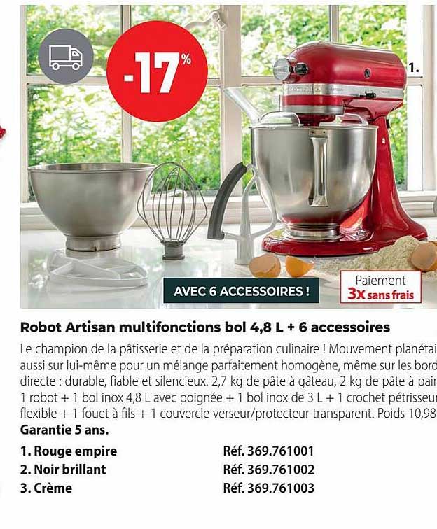 robot artisan multifonctions bol 4,8l + 6 accessoires
