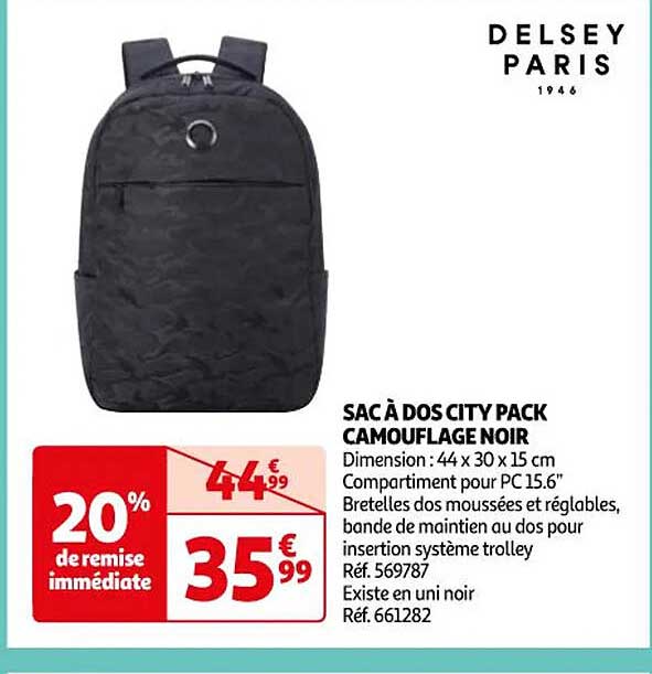 sac à dos city pack camouflage noir delsey paris