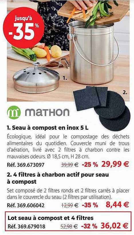 Seau à Compost En Inox 5l Mathon, 4 Filtres à Charbon Actif Pour Seau à Compost Mathon