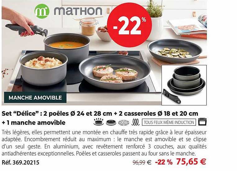 set "délice" : 2 poêles ø24 et 28 cm + 2 casseroles ø18 et 20 cm + 1 manche amovible
