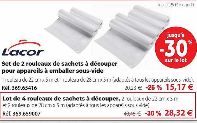 set de 2 rouleaux de sachets à découper pour appareils à emballer sous-vide lacor