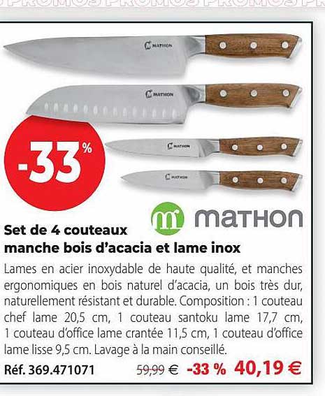 set de 4 couteaux manche bois d'acacia et lame inox