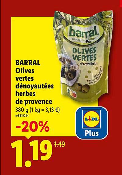 BARRAL Olives vertes dénoyautées herbes de provence