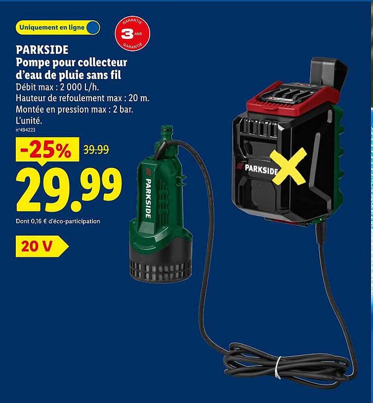 PARKSIDE Pompe pour collecteur d’eau de pluie sans fil
