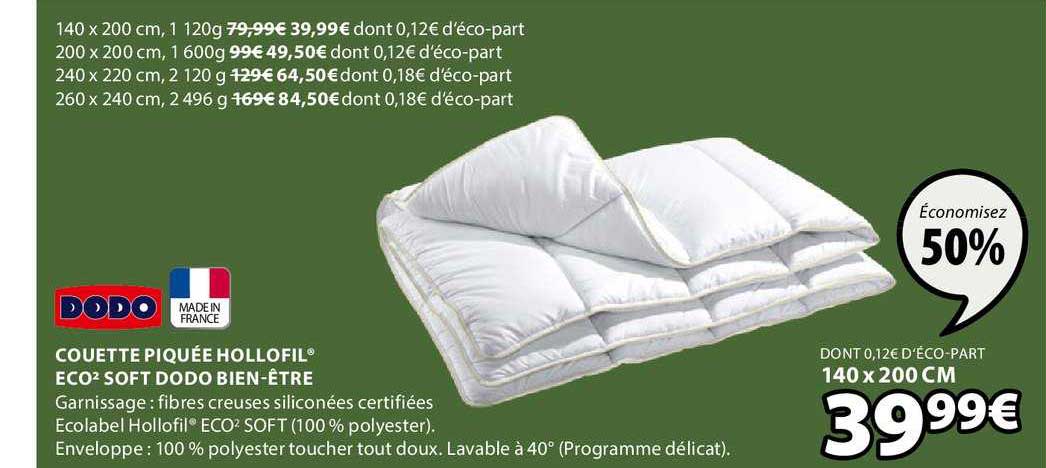 couette piquée hollofil eco2 soft dodo bien être