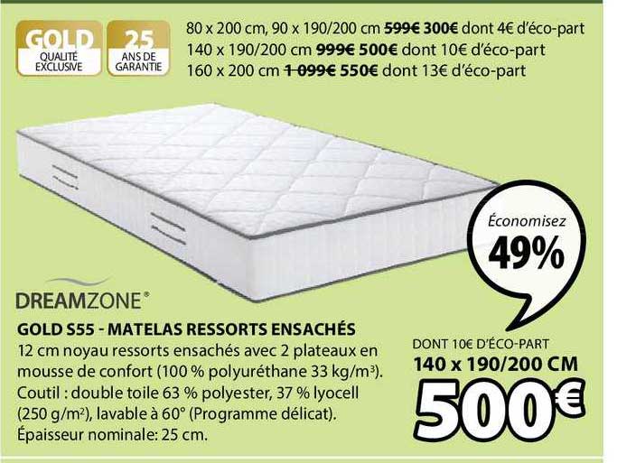 gold s55 matelas ressorts ensachés dreamzone