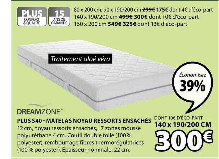 plus s40 matelas noyau ressorts ensachés dreamzone