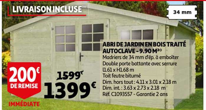 abri de jardin en bois traité autoclave - 9.90 m²