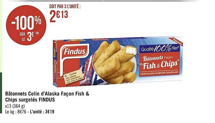 bâtonnets colin d'alaska façon fish & chips surgelés findus