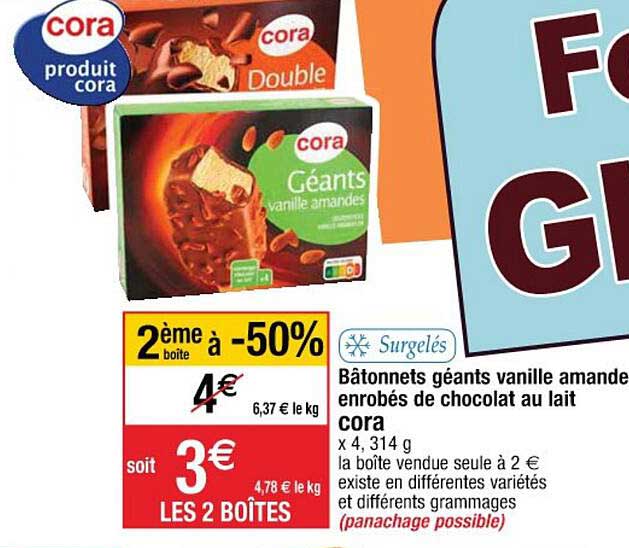 bâtonnets géants vanille amande enrobés de chocolat au lait cora 2ème boîte à -50%