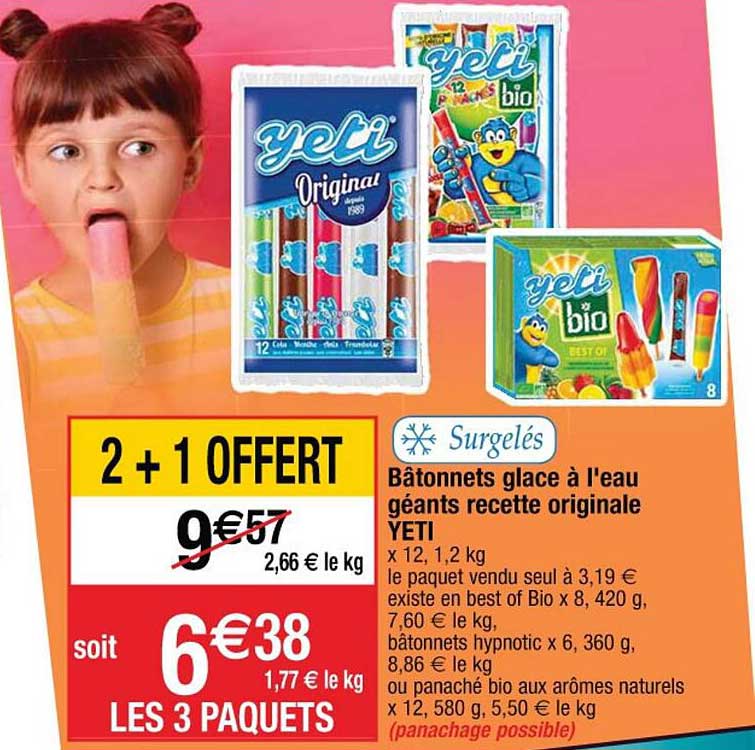 bâtonnets glace à l'eau géants recette originale yeti 2+1 offert