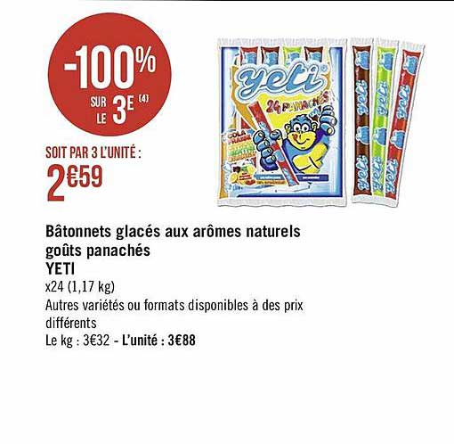 bâtonnets glacés aux arômes naturels goût panachés yeti