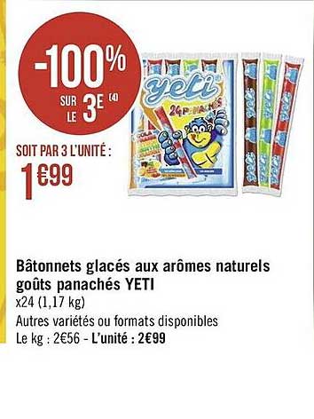 bâtonnets glacés aux arômes naturels goûts panachés yeti