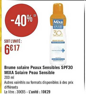 brume solaire peaux sensibles spf30 mixa solaire peau sensible