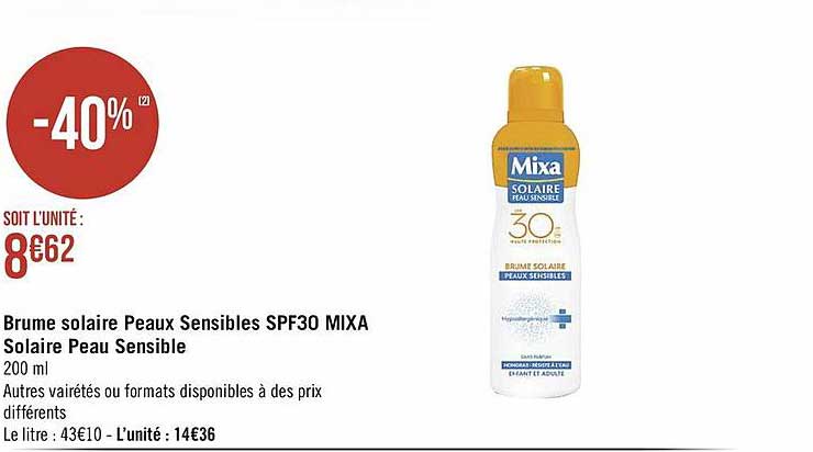 brume solaire peaux sensibles spf30 mixa solaire peau sensible