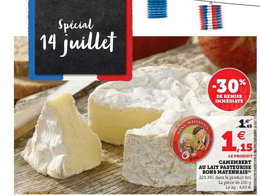 camembert au lait pasteurisé bons mayennais -30% de remise immédiate
