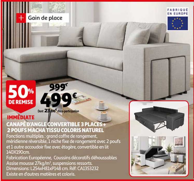 Canapé D'angle Convertible 3 Places + 2 Poufs Macha Tissu Coloris Naturel