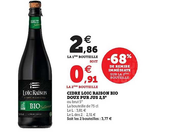 cidre loic raison bio doux pur jus 2.5° -68% de remise immédiate sur la 2ème bouteille