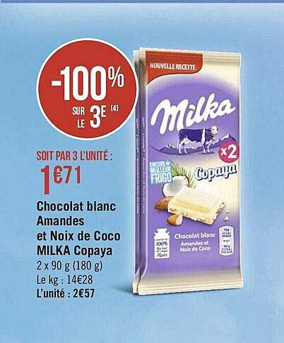 cocolat blanc amandes et noix de coco milka copaya