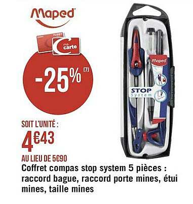 coffret compas stop system 5 pièces : raccord bague, raccord porte mines, étui mines, taille mines