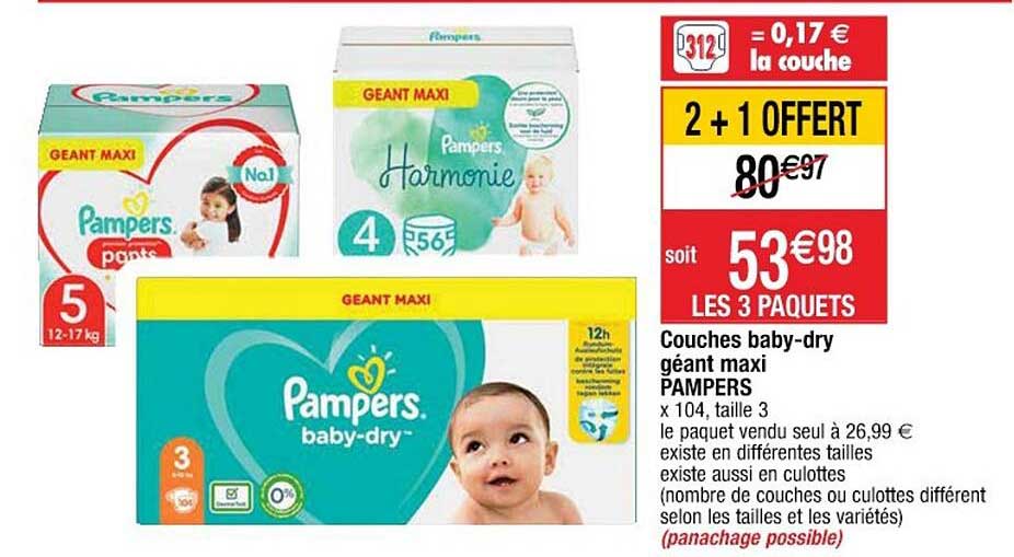 couches baby-dry géant maxi pampers 2+1 offert