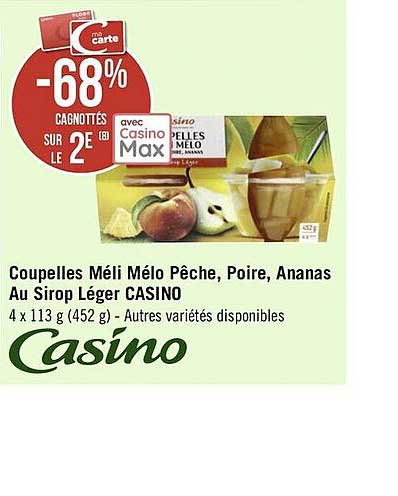 coupelle méli mélo pêche, poire, ananas au sirop léger casino