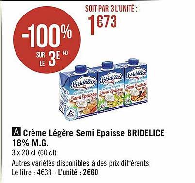 crème légère semi épaisse bridélice 18% m.g.