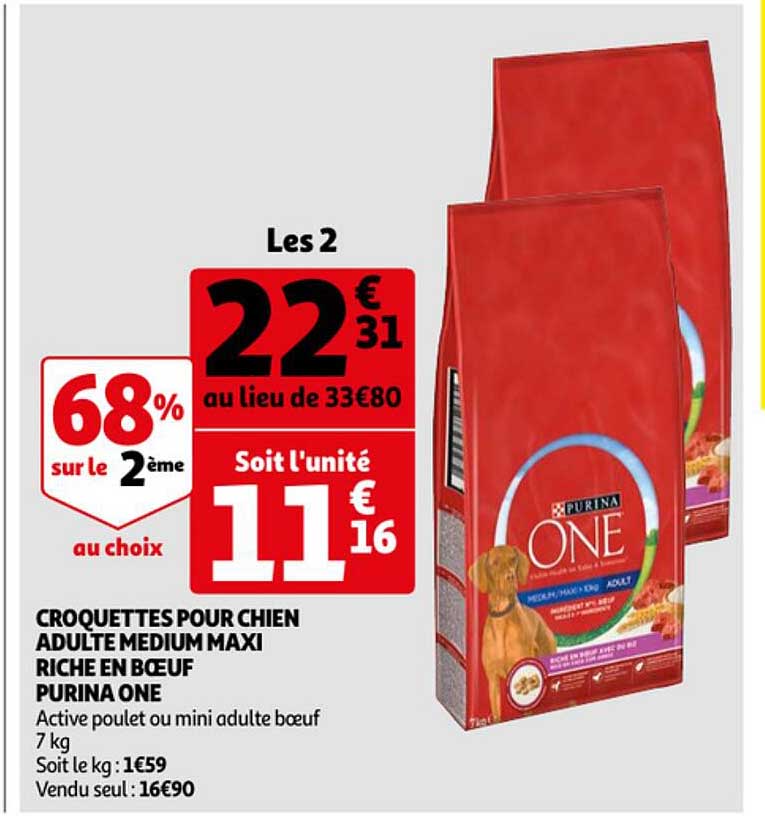 croquettes pour chien adulte medium maxi riche en bœuf purina one