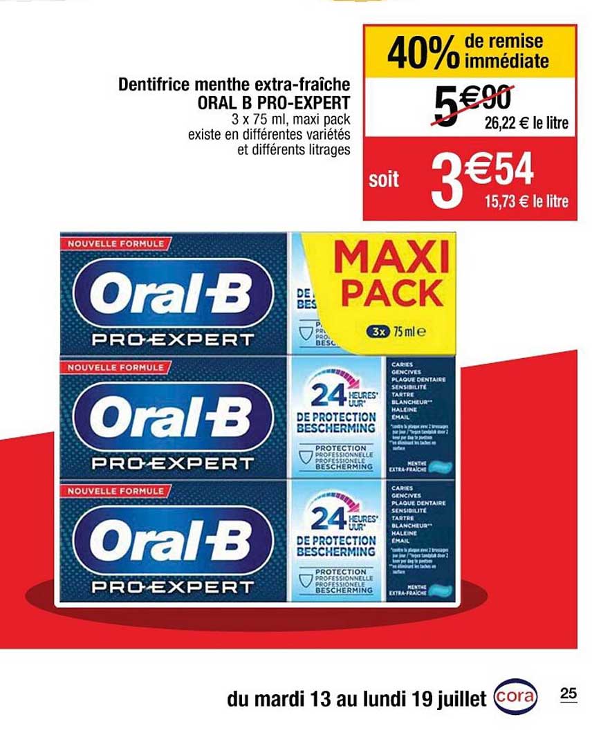 dentifrice menthe extra-fraîche oral b pro-expert 40% de remise immédiate