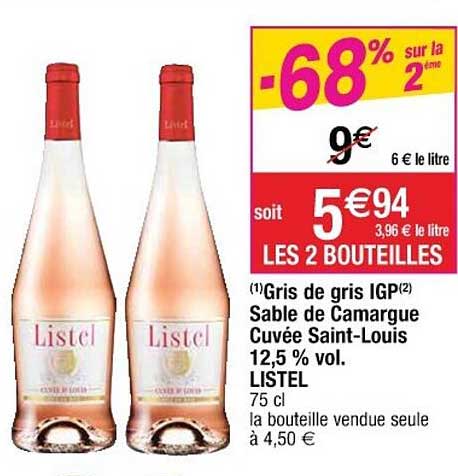 gris de gris igp sable de camargue cuvée saint-louis 12.5 % vol listel -68% sur le 2ème