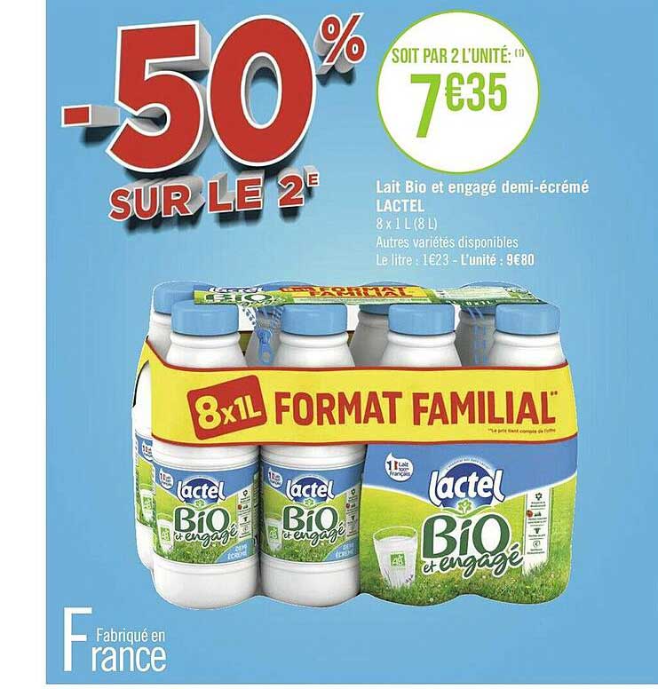 lait bio et engagé demi-écrémé lactel