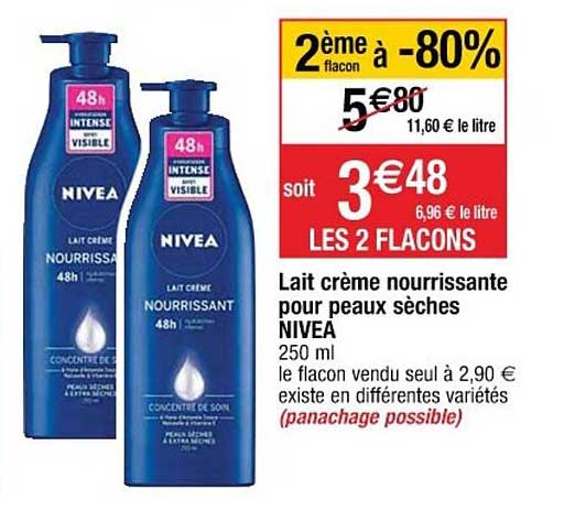 lait crème nourrissante pour peaux sèches nivea 2ème flacon à -80%
