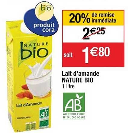 lait d'amande nature bio 20% de remise immédiate